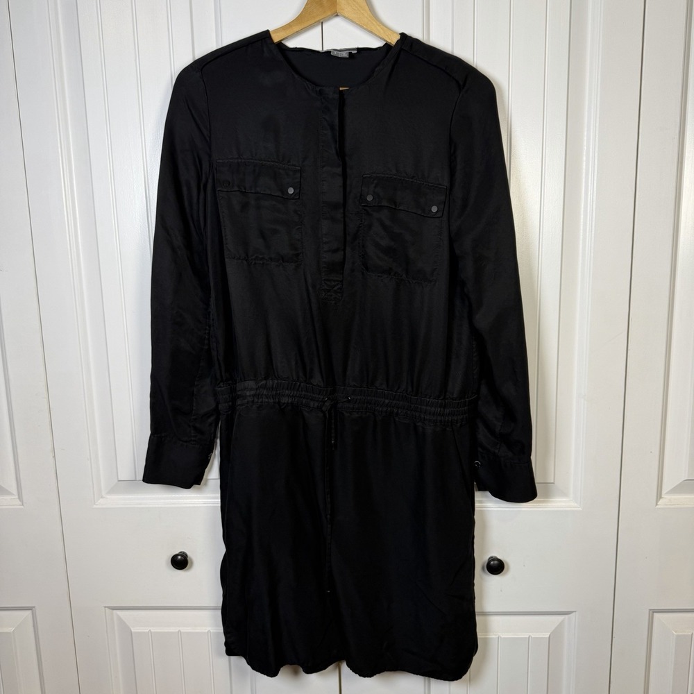 Vince Dress Women's Small Roll Tab Sleeve Satin Elastic Waist Drawstring Black